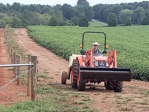 A farmer driving a tractor along a dirt path beside a lush green field, with a wooden fence on the left side of the image. The scene depicts agricultural activity in a rural setting.